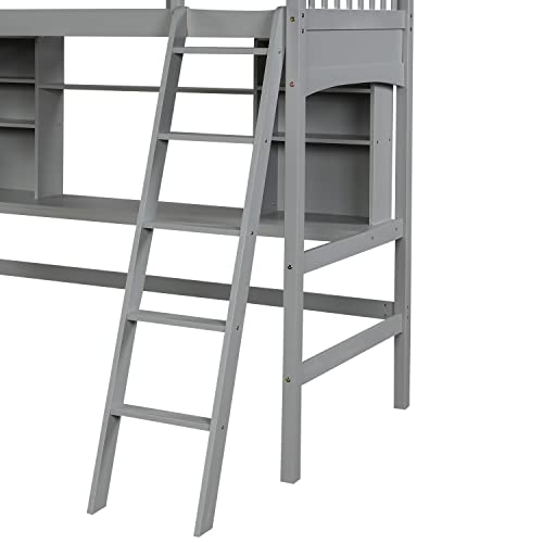 Harper & Bright Designs Full Size Loft Bed with Wardrobe and Desk, Solid Wood, White R4710