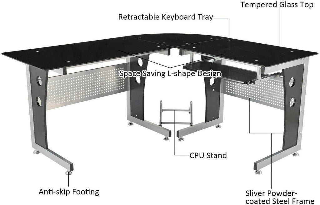Black L-Shape Corner Tempered Glass Computer Desk with Keyboard Tray W76860