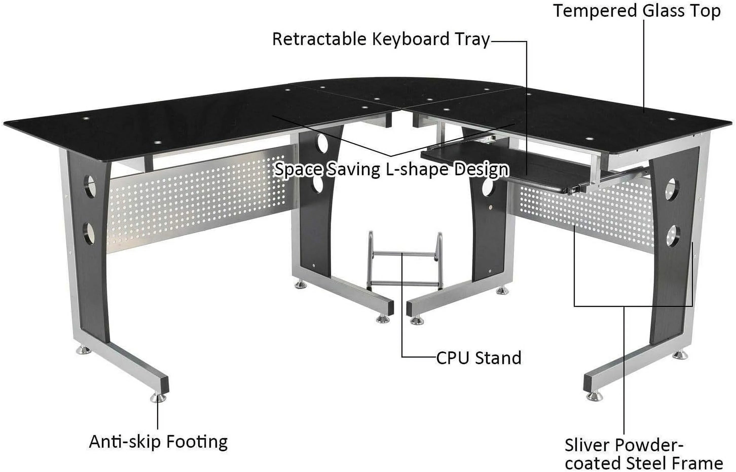 Black L-Shape Corner Tempered Glass Computer Desk with Keyboard Tray W76860