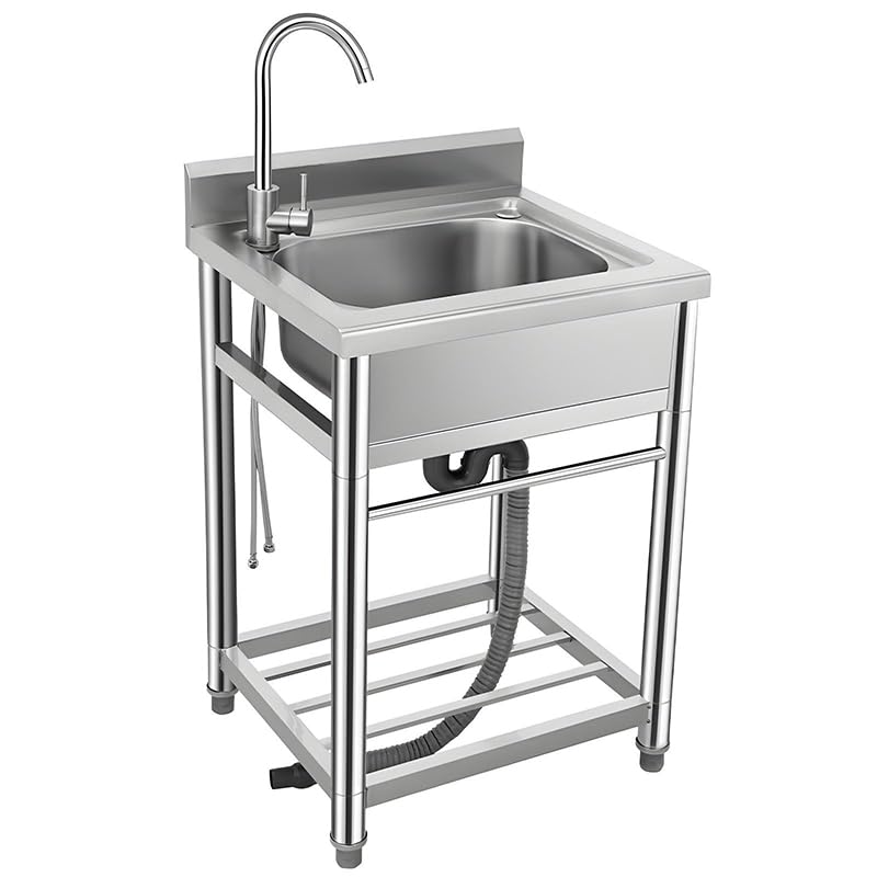 Stainless Steel Utility Sink - Single Bowl, Free Standing, Indoor/Outdoor, 21.7" with Cold & Hot Water Faucet