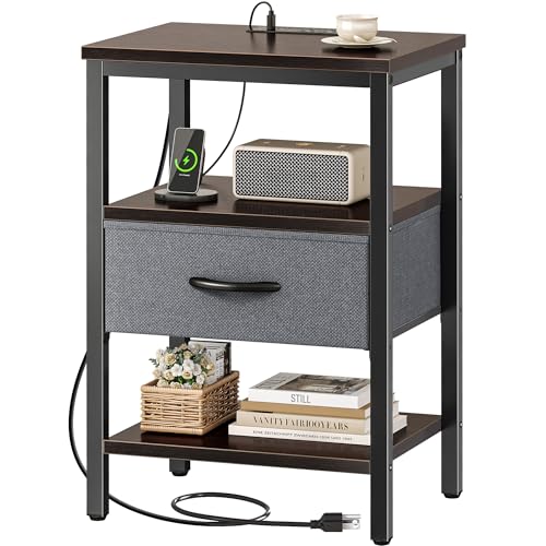 SUPERJARE Nightstand with Charging Station, Fabric Drawer, 3-Tier Storage, Walnut K366263