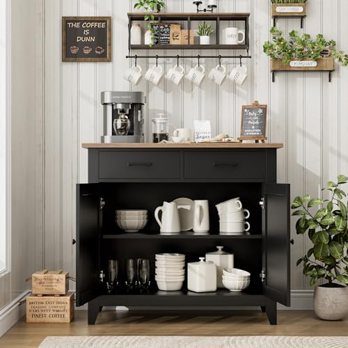 HORSTORS Kitchen Storage Cabinet, Farmhouse Buffet with 2 Drawers and 2 Doors, Grey A4009