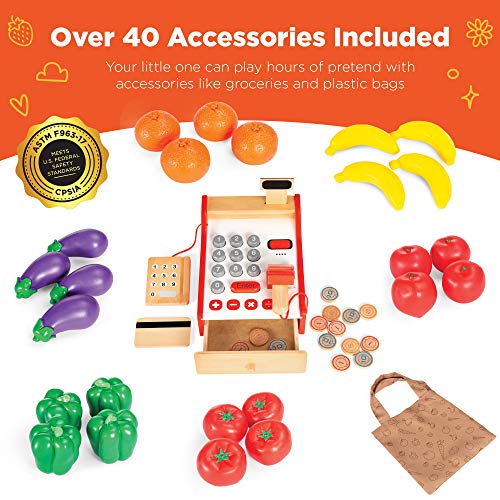 Pretend Play Grocery Store Wooden Supermarket Toy Set for Kids with Play Food, Cash Register, Conveyor - Red I3448