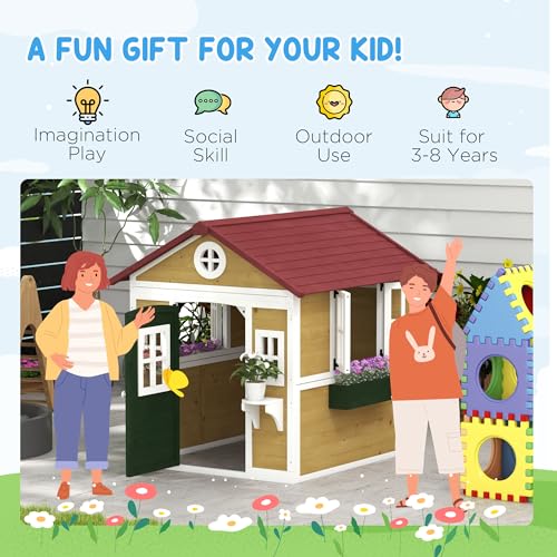 Outsunny Wooden Kids Playhouse with Doors and Windows for Toddlers 3-8 Years, Beige Q471