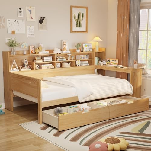 Bellemave Twin Corner Bed Frame with Storage Shelves and Desk, Gray L74206