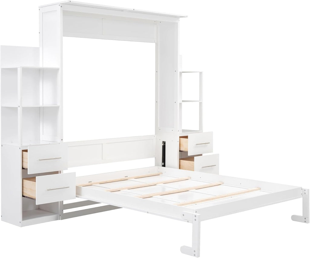 Queen Size Murphy Bed Wall Bed with Shelves and LED Lights, White N44570