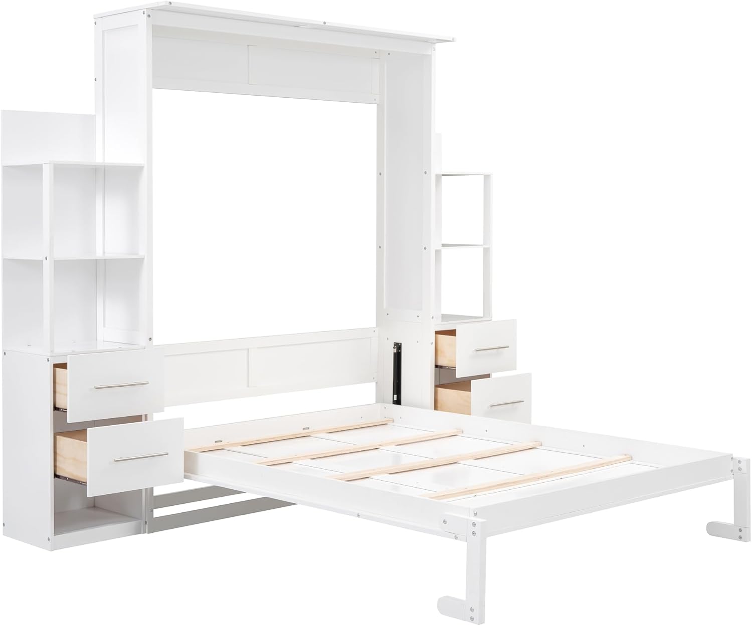 Queen Size Murphy Bed Wall Bed with Shelves and LED Lights, White N44570