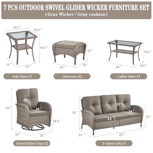 Outdoor Wicker Swivel Rocker Chairs Set of 2 with Rattan Side Table, Brown/Blue B592