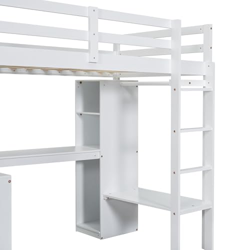 SOFTSEA Full Size Loft Bed with Desk & Wardrobe, White F150304
