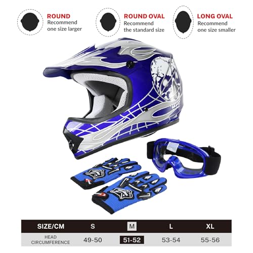 SLMOTO Dot Youth Kids Motocross Offroad Helmet with Goggles and Gloves Blue Skull D851858