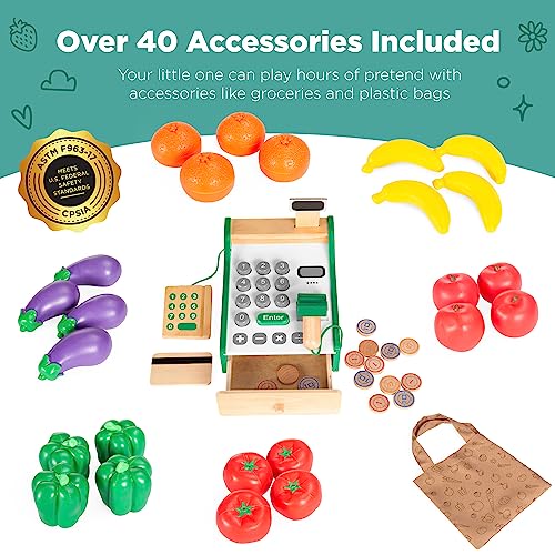 Pretend Play Grocery Store Wooden Supermarket Toy Set for Kids with Play Food, Cash Register, Conveyor - Red I3448