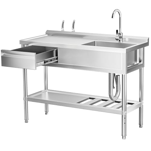 47" 304 Stainless Steel Utility Sink, Free-Standing Commercial Sink with Workbench, Drawer Storage & Hot/Cold Water Pipes for Laundry, Farmhouse & Outdoor Use