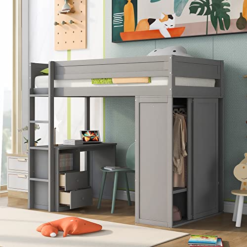 Full Size Loft Bed with Storage Wardrobe and Desk for Kids Teens Adults White K66587