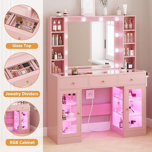White Vanity Desk with Mirror and Lights, Glass Top, 3 Drawers V863482