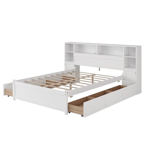 SOFTSEA Twin Size Captains Bed with 6 Storage Drawers and Bookcase Headboard, White H51434