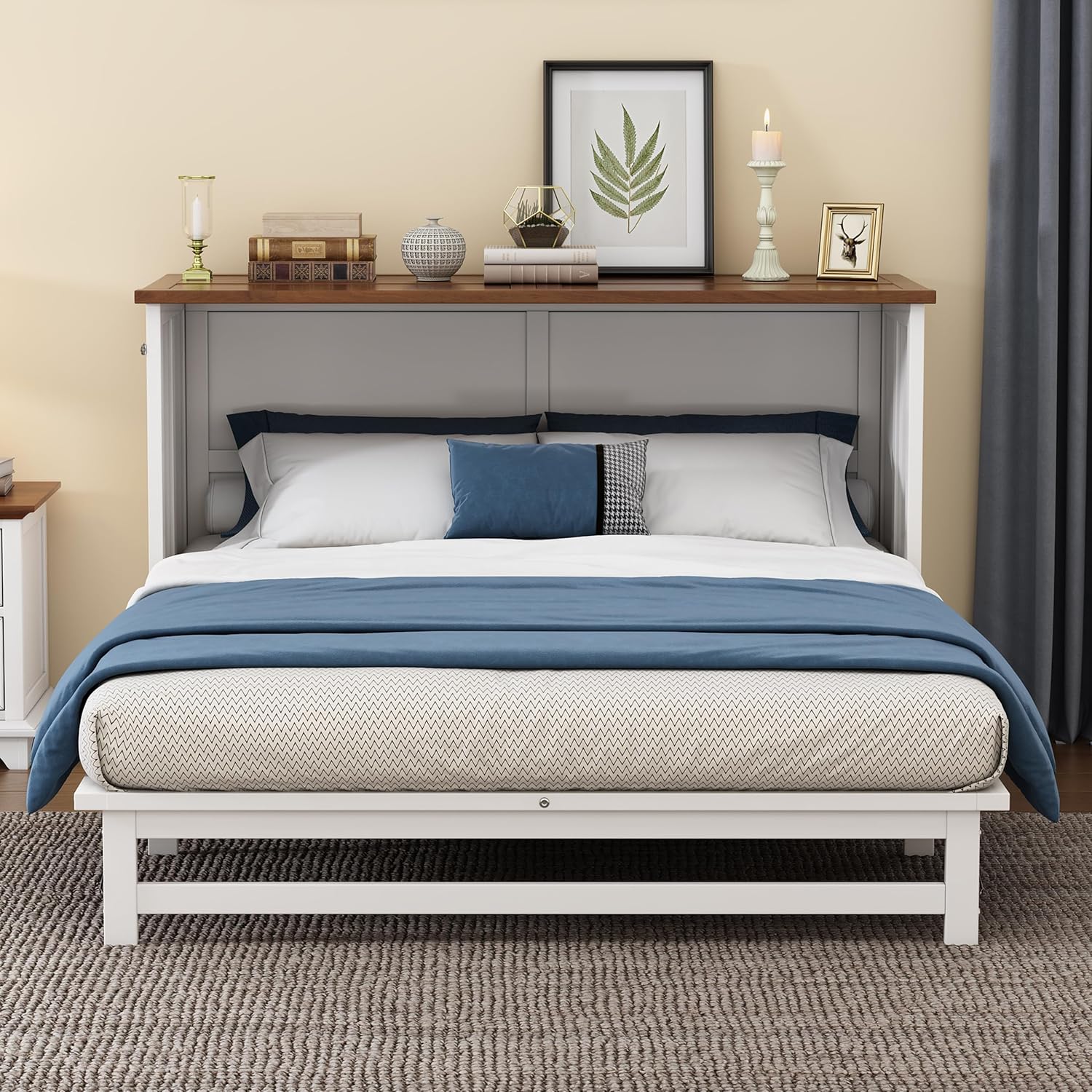 Murphy Bed Full Size with Drawer and Charging Station, White + Walnut Q53827