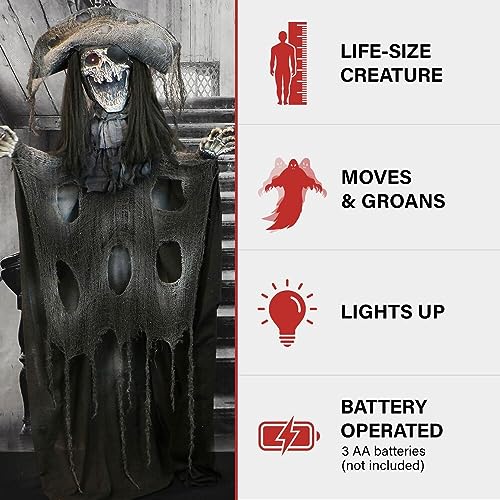 Haunted Hill Farm 5.25-ft Standing Gravekeeper Animatronic with Red LED Eyes and Sound Effects X9371