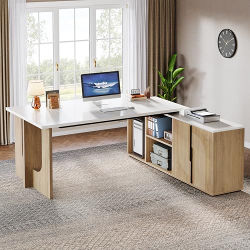 Tribesigns 74.8" L Shaped Executive Desk with Shelves, Black and Brown R6407