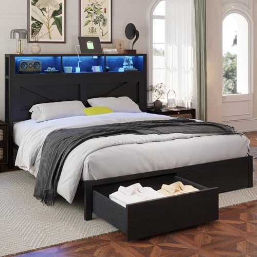 Farmhouse Full Bed Frame with Bookcase Headboard, LED Lights and Charging Station M527023
