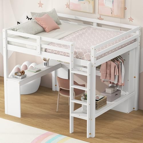 SOFTSEA Full Size Loft Bed with Desk & Wardrobe, White F150304