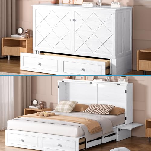 Mjkone Queen Murphy Bed Cabinet with Tri-Folding Mattress, White E6299