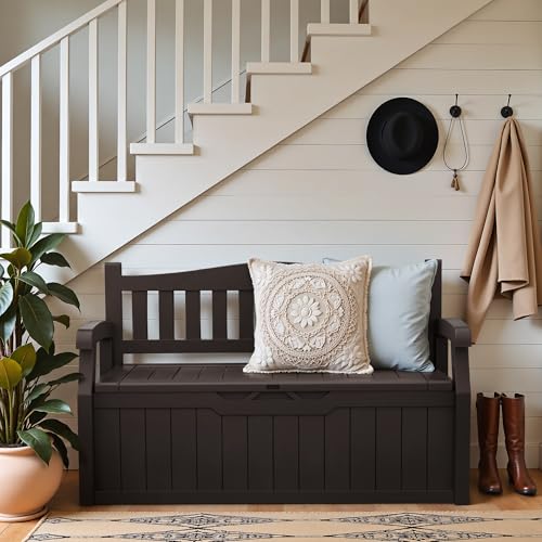 Greesum 80 Gallon Outdoor Storage Bench, Resin Patio Furniture, Dark Black I77551