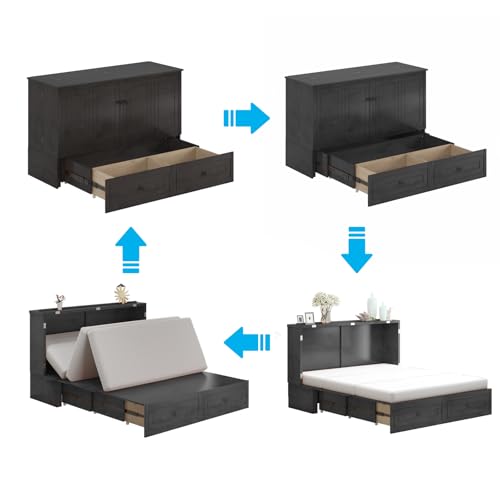 Mjkone Murphy Bed Cabinet Queen Size with USB Charging Station & Storage Drawers, White U176463