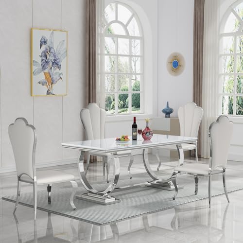Goujxcy White Marble Dining Table Set for 6, Luxury Silver Kitchen Table and Chairs Set of 6, 70" Faux Marble Rectangle Dining Room Table with 4 Leather Chairs,Modern 7-Piece Dining Table Set