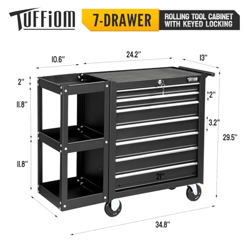 TUFFIOM 7-Drawer Rolling Tool Chest with Side Shelves and Lockable Wheels L105