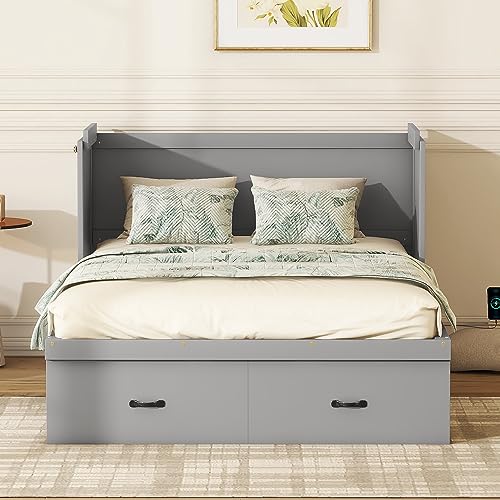 Queen Size Murphy Bed with Shelves and LED Lights, Foldable Wall Bed Frame, White-AB39 C474844