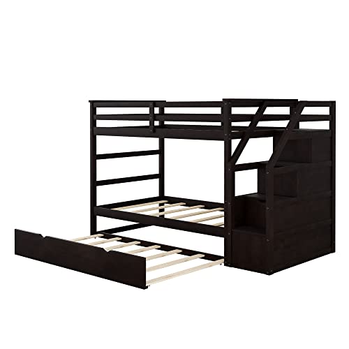 Twin-Over-Twin Bunk Bed with Trundle and Storage Stairs, White P5312
