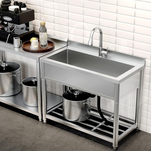 Stainless Steel Large Utility Sink Single Bowl Freestanding with Pull-Out Faucet T135