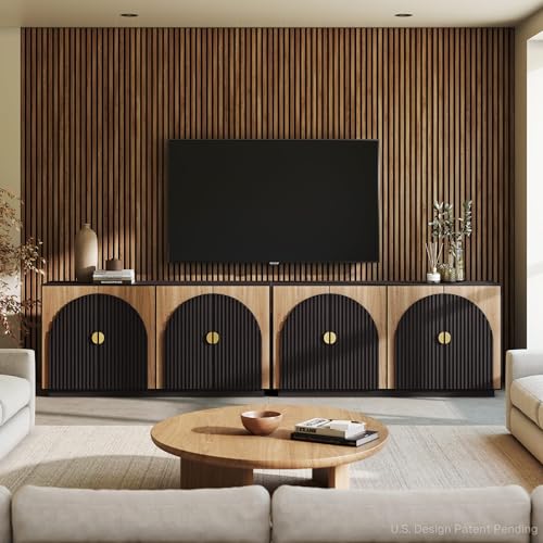 BELLEZE 65 Inch Fluted Buffet Cabinet with Storage, Caramel Brown U96619