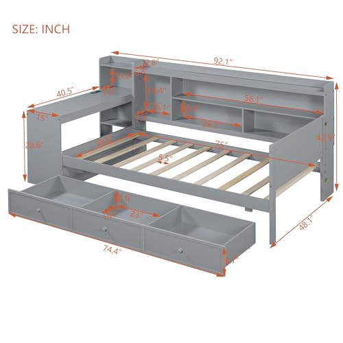 Bellemave Twin Corner Bed Frame with Storage Shelves and Desk, Gray L74206