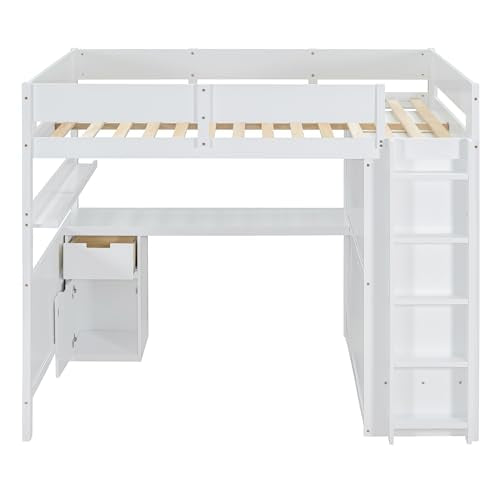 Harper & Bright Designs Twin Size Loft Bed with L-Shaped Desk and Stairs, Solid Wood, White D768