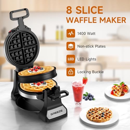 Double Belgian Waffle Maker 1400W, Rotating Nonstick Plates, Stainless Steel P913
