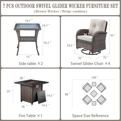 Outdoor Wicker Swivel Rocker Chairs Set of 2 with Rattan Side Table, Brown/Blue B592