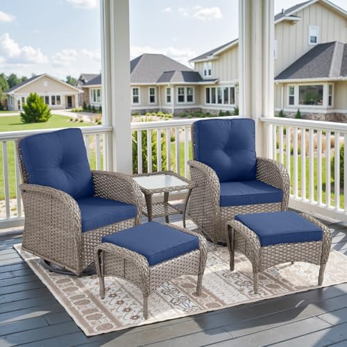 Outdoor Wicker Swivel Rocker Chairs Set of 2 with Rattan Side Table, Brown/Blue B592