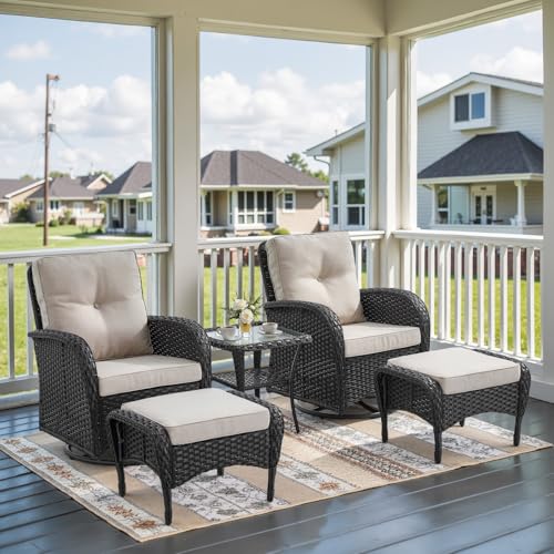 Outdoor Wicker Swivel Rocker Chairs Set of 2 with Rattan Side Table, Brown/Blue B592
