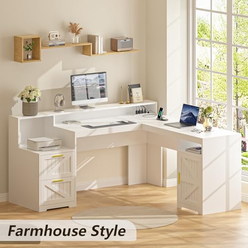 63" Farmhouse L Shaped Desk with Drawers, Power Outlets & Storage Shelf Q538