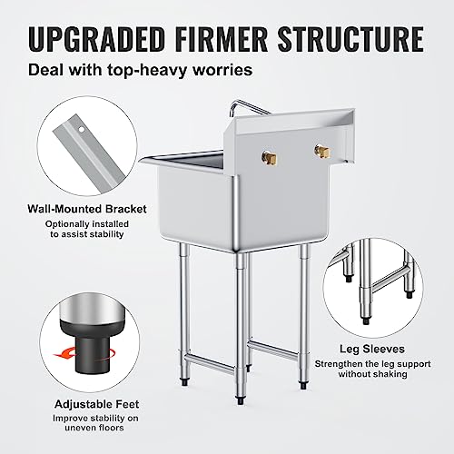 VEVOR Stainless Steel Prep & Utility Sink with Faucet and Legs, 21"x18" Single Bowl L5070