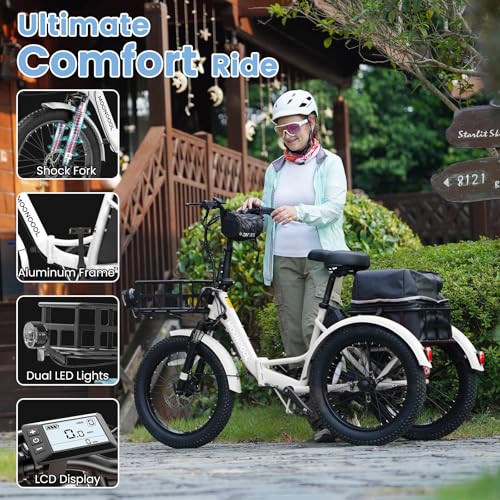 MOONCOOL Electric Tricycle for Adults, 500W 48V Folding 3-Wheel Bike with Basket O9027