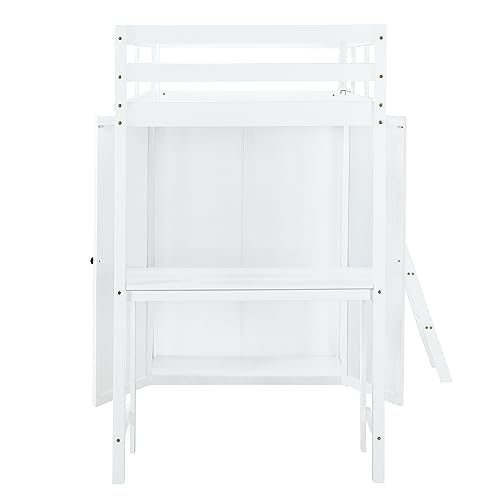 Harper & Bright Designs Full Size Loft Bed with Wardrobe and Desk, Solid Wood, White R4710