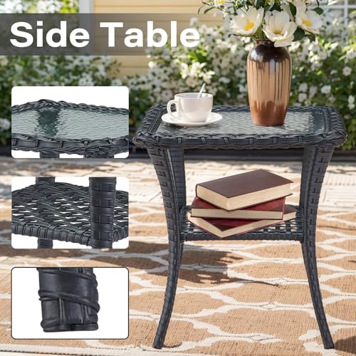 Outdoor Wicker Swivel Rocker Chairs Set of 2 with Rattan Side Table, Brown/Blue B592