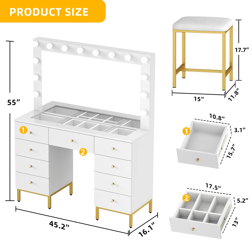 DWVO Vanity Table Set with Lighted Mirror, Charging Station & Stool D23790