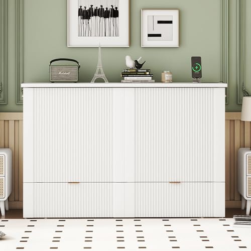 Harper & Bright Designs Queen Murphy Bed Cabinet with USB Charging Station, White D9669
