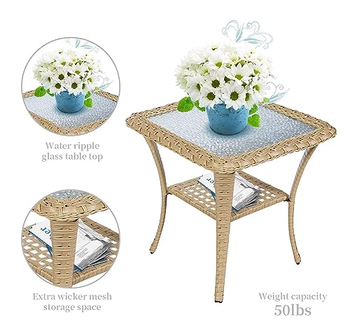 Outdoor Wicker Swivel Rocker Chairs Set of 2 with Rattan Side Table, Brown/Blue B592