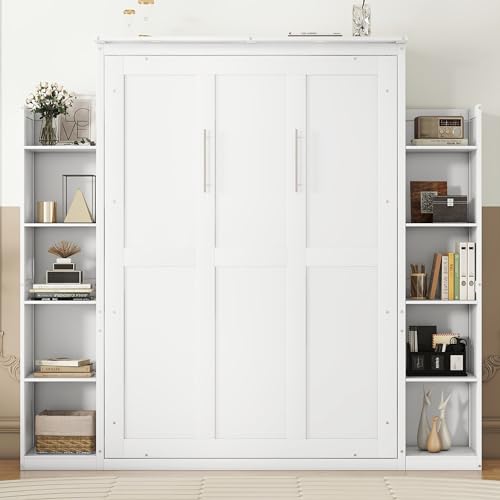 Queen Size Murphy Bed with Shelves and LED Lights, Foldable Wood Wall Bed Frame S155886