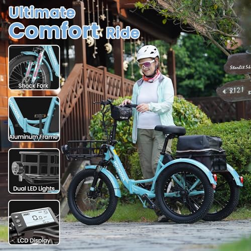 MOONCOOL Electric Tricycle for Adults, 500W 48V Folding 3-Wheel Bike with Basket O9027