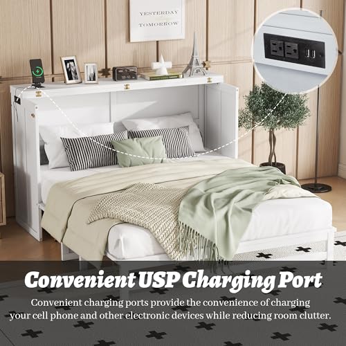 Queen Murphy Bed Cabinet with Storage Drawer and Charging Station, Solid Pine, White A401